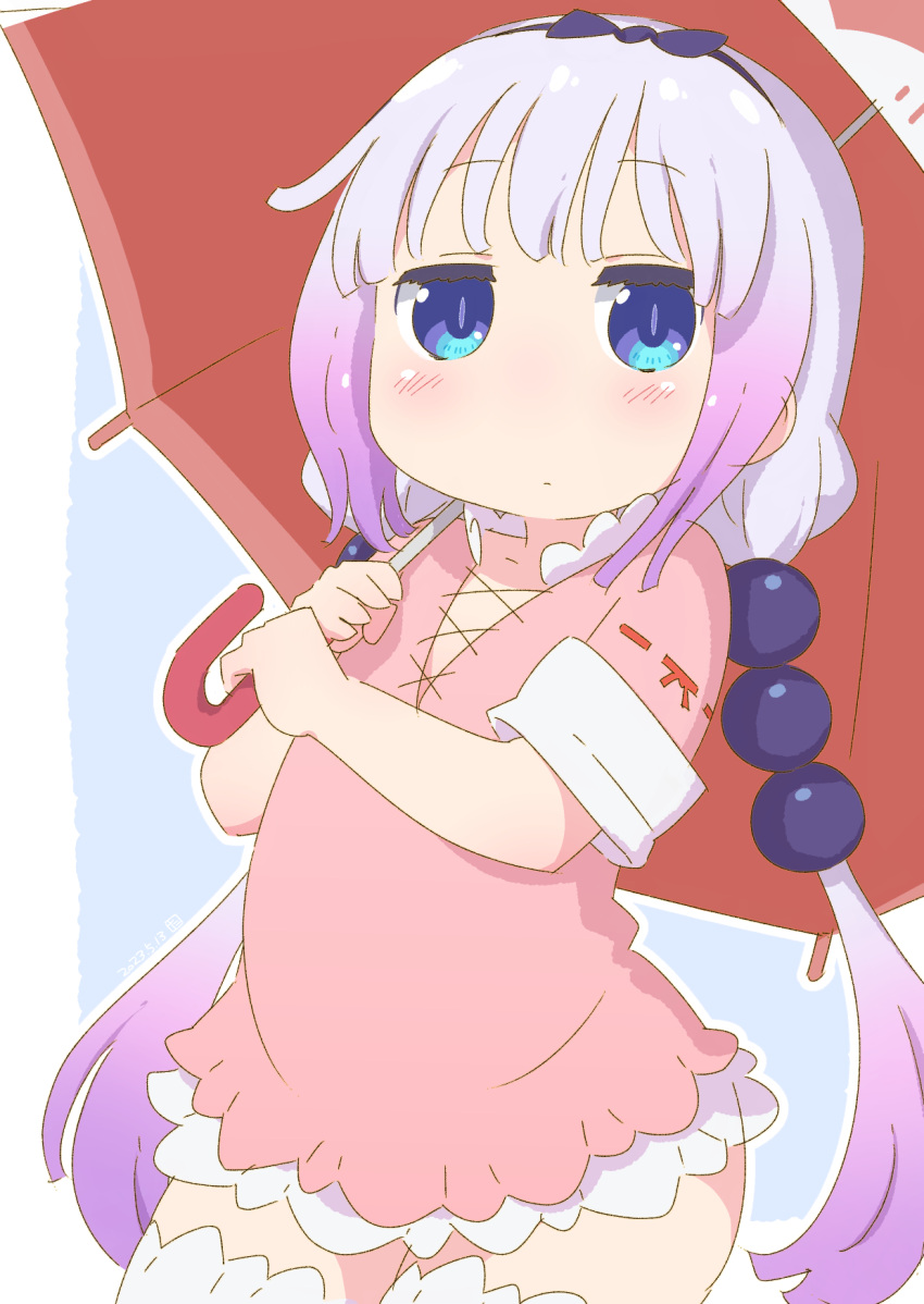 1girl beads blue_background blue_eyes border commentary_request cowboy_shot expressionless hair_beads hair_ornament hands_up highres holding holding_umbrella kanna_kamui kobayashi-san_chi_no_maidragon lace-trimmed_sleeves lace_trim long_hair looking_at_viewer outline red_shirt samansa_ex shirt slit_pupils solo thighhighs twintails umbrella white_border white_outline