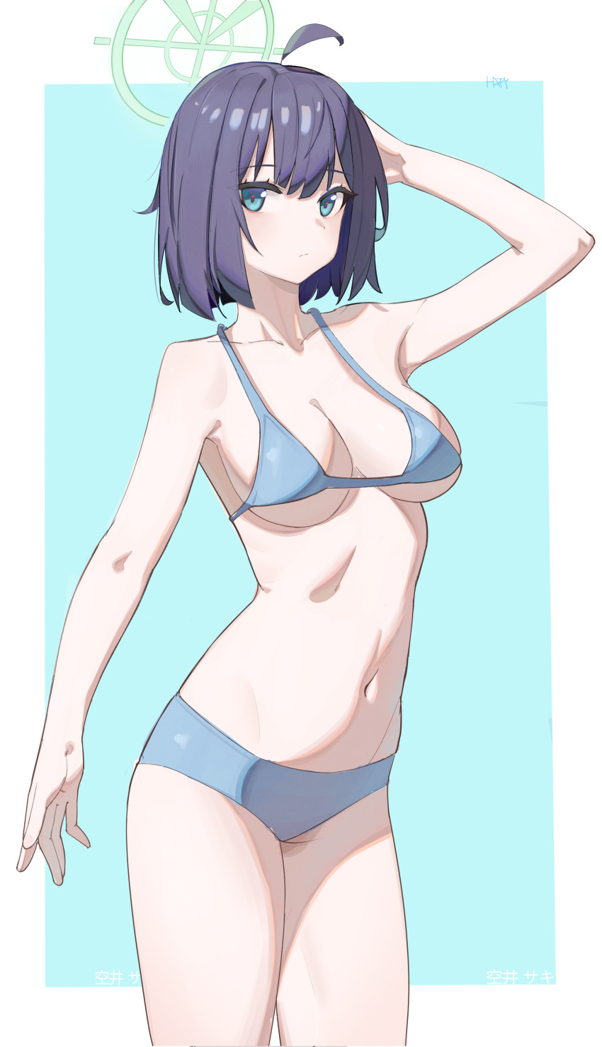 1girl absurdres armpits bikini blue_archive blue_bikini blue_eyes blush breasts commentary_request green_halo halo happy05x highres large_breasts looking_at_viewer presenting_armpit purple_hair rabbit_platoon_(blue_archive) saki_(blue_archive) saki_(swimsuit)_(blue_archive) short_hair simple_background solo stomach swimsuit thighs