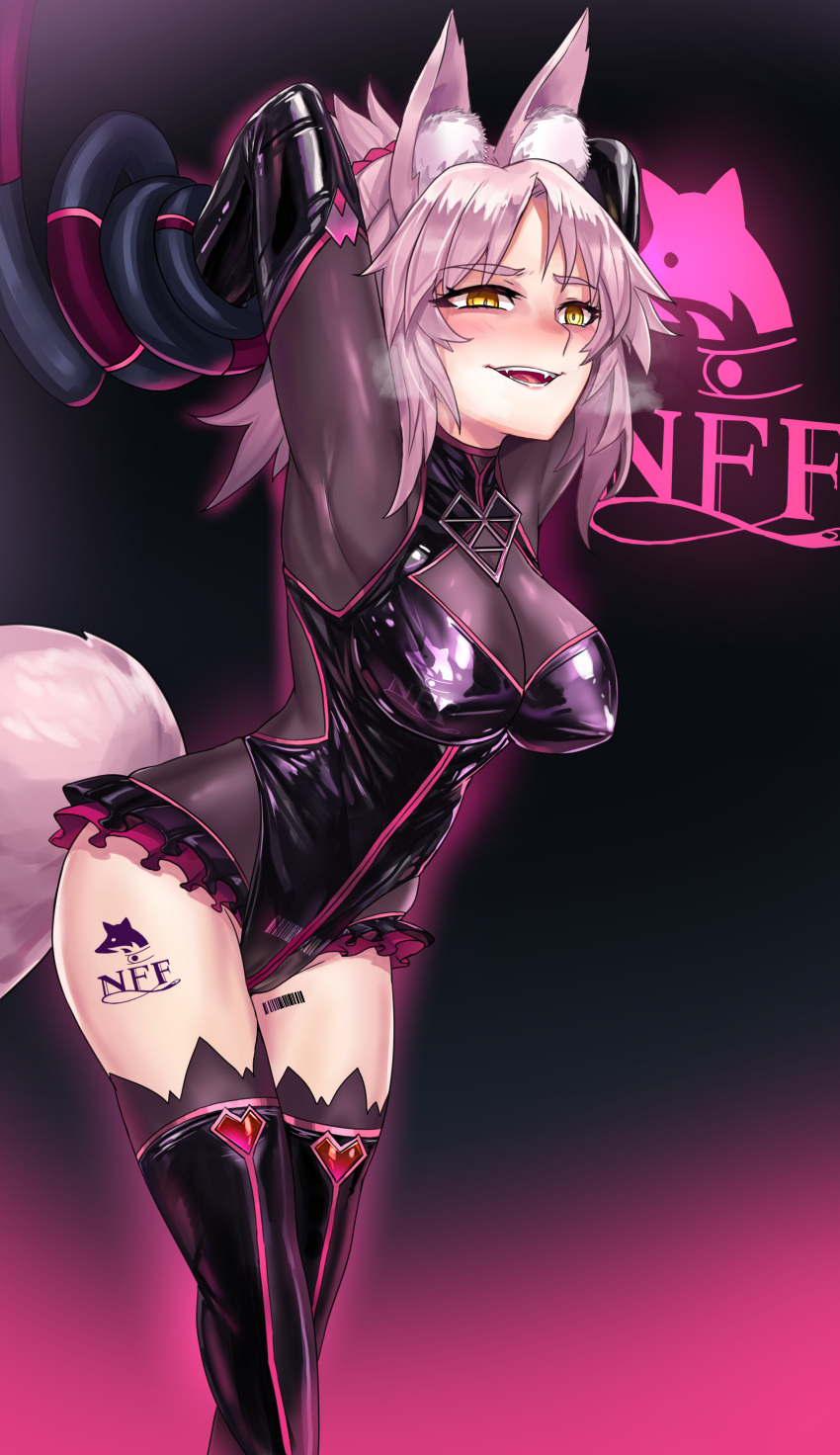 1girl absurdres alternate_breast_size alternate_hair_color animal_ears armpits blonde_hair body_modification braid breast_expansion breasts corruption covered_face dark_persona elbow_gloves fangs fate/apocrypha fate/grand_order fate_(series) fox_ears french_braid frilled_leotard frills gloves green_eyes helmet highres ibenz009 koyanskaya_(fate) large_breasts leotard long_hair mordred_(fate) mordred_(fate/apocrypha) pink_hair ponytail restrained slit_pupils small_breasts solo tamamo_(fate) teeth thighhighs very_long_hair yellow_eyes
