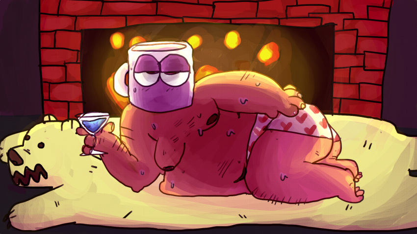 anthro beverage bodily_fluids boxers_(clothing) clothing coffee_mug fireplace heart_boxers heart_underwear hi_res humanoid joe_cuppa lying male male/male mug on_side solo sweat underwear unknown_artist