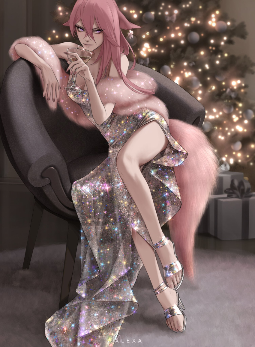 1girl alternate_costume animal_ears armchair artist_name box breasts chair christmas_tree cocktail_dress cocktail_glass cup dress drinking_glass floppy_ears fox_ears fur_shawl genshin_impact gift gift_box hair_between_eyes high_heels highres holding holding_cup indoors large_breasts lips long_hair looking_at_viewer m_alexa pink_hair pink_nails pink_shawl purple_eyes shawl silver_dress silver_footwear sitting solo sparkle strappy_heels toes yae_miko