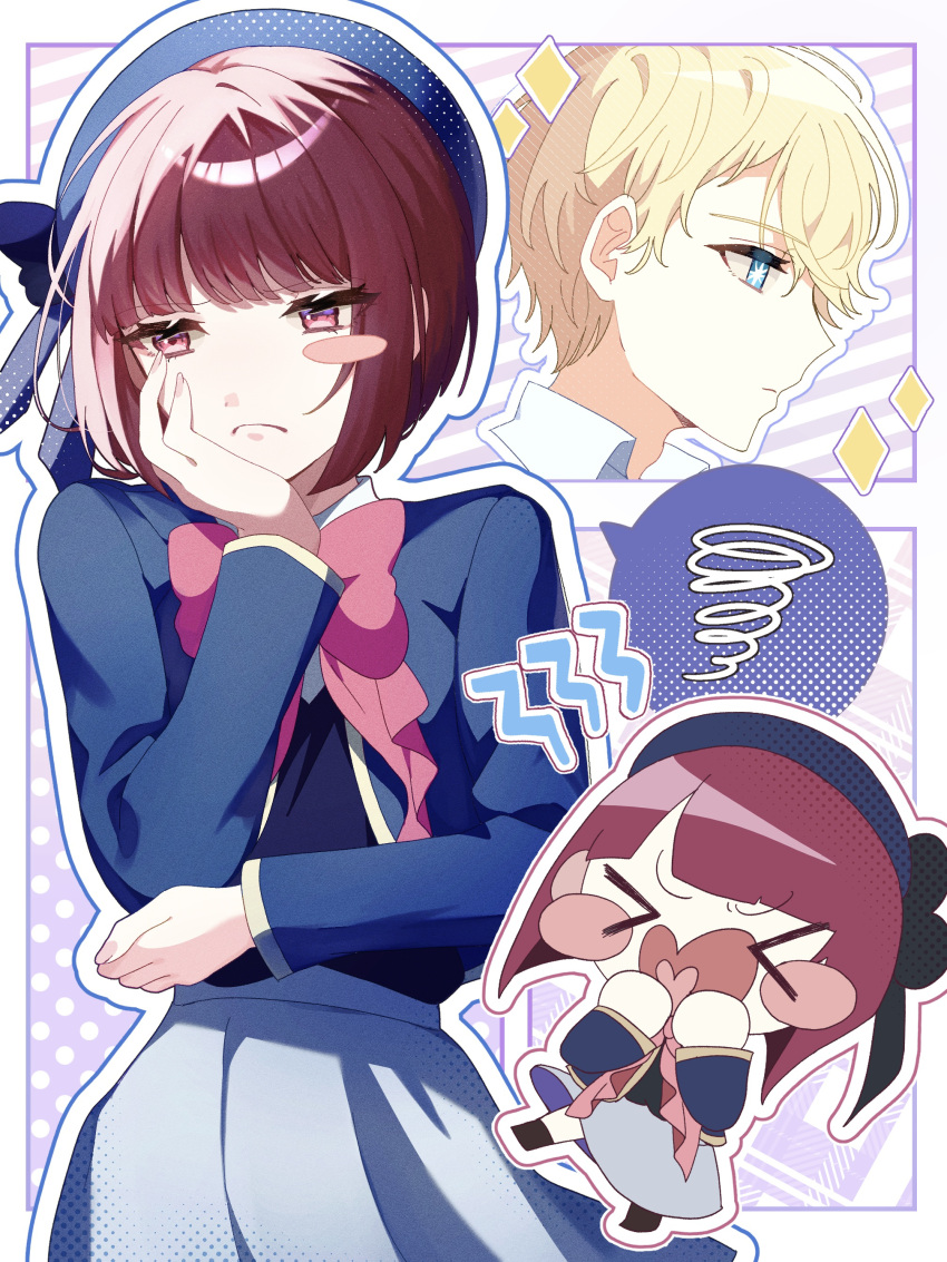 &gt;_&lt; 1boy 1girl absurdres arima_kana beret black_socks black_vest blonde_hair blue_eyes blue_headwear blue_jacket blunt_bangs bow bowtie chibi closed_mouth collared_shirt comic_background cropped_shoulders grey_skirt halftone halftone_texture hand_on_own_chest hand_on_own_chin hat heart heart_in_mouth highres hoshino_aquamarine jacket long_sleeves monoha oshi_no_ko outline pink_bow pink_bowtie red_eyes red_hair school_uniform shirt short_hair skirt socks star-shaped_pupils star_(symbol) symbol-shaped_pupils variations vest white_outline white_shirt youtou_high_school_uniform