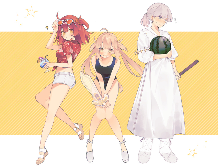 1boy 2girls ahoge artoria_caster_(fate) artoria_pendragon_(fate) black_one-piece_swimsuit blonde_hair blue_eyes blush boots breasts cup diamond_hairband drinking_glass eyewear_on_head fate/grand_order fate_(series) floral_print food fruit fujimaru_ritsuka_(female) fujimaru_ritsuka_(female)_(tropical_summer) full_body fur_boots green_eyes grey_hair hair_ornament hair_scrunchie hawaiian_shirt long_hair looking_at_viewer looking_to_the_side medium_breasts midriff multiple_girls oberon_(fate) one-piece_swimsuit one_side_up orange_eyes orange_hair orange_scrunchie red_shirt sandals scrunchie shirt short_hair short_ponytail short_shorts shorts small_breasts smile stick sunglasses swimsuit tied_shirt twintails uxco0 watermelon white_shirt white_shorts