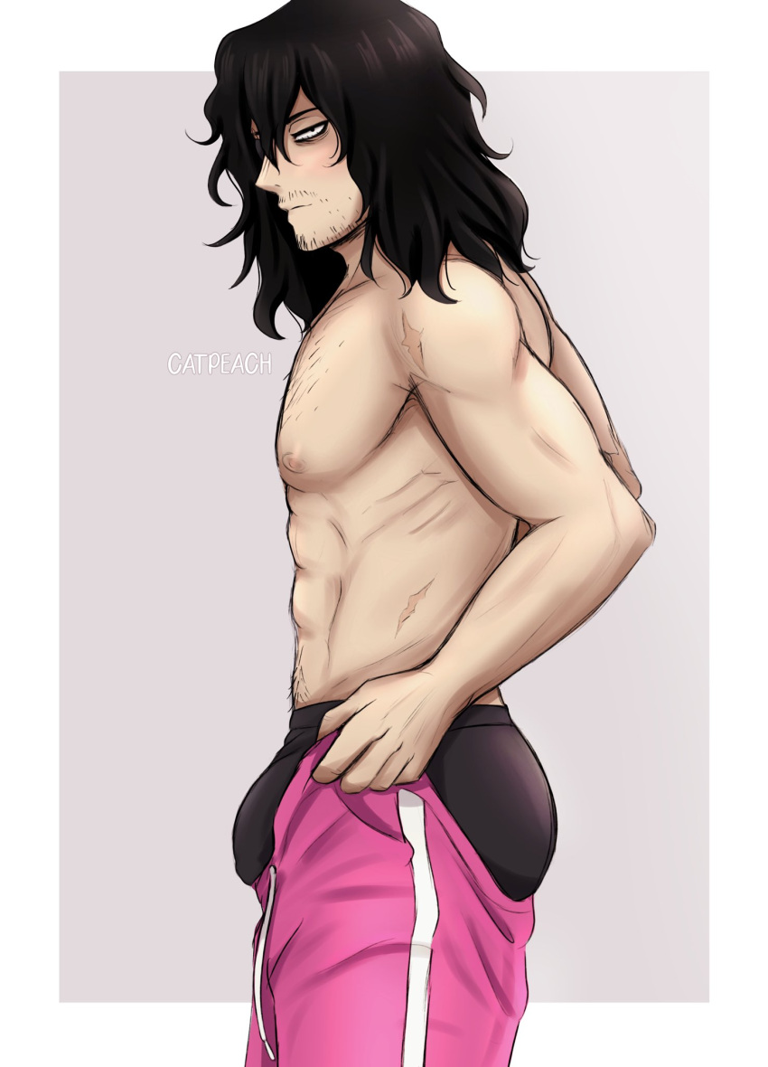 1boy abs ass bags_under_eyes bara black_hair black_male_underwear blush boku_no_hero_academia bulge bulge_lift catpeachie chest_hair dressing embarrassed eraser_head_(boku_no_hero_academia) facial_hair feet_out_of_frame from_side highres looking_at_viewer male_focus male_underwear mature_male medium_hair meme mustache navel navel_hair never_seen_a_guy_recreate_this_(meme) nipples open_pants pants pants_lift pectorals pink_pants scar scar_on_arm solo standing stomach stubble topless_male track_pants undersized_clothes underwear