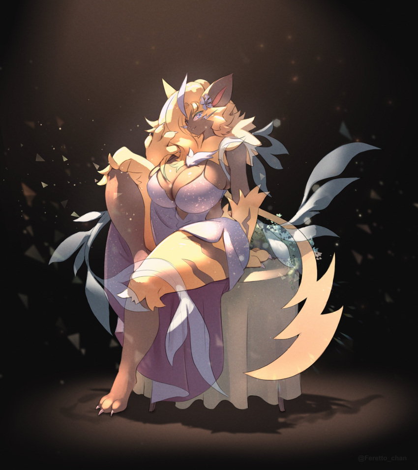 5_fingers absurd_res accessory anthro arm_tuft aurora_(nbanoob) big_breasts black_body black_fur blonde_hair blue_body blue_eyes blue_flower blue_fur breasts chest_tuft claws cleavage clothed clothing curvy_figure dress elbow_tuft felid female feretto_chan finger_claws fingers flower flower_in_hair flower_on_head fur generation_7_pokemon hair hair_accessory hi_res huge_breasts legendary_pokemon mammal nintendo nun_outfit pinup plant pokemon pokemon_(species) pose simple_background smile solo tail text thick_thighs tuft whiskers yellow_body yellow_fur zeraora