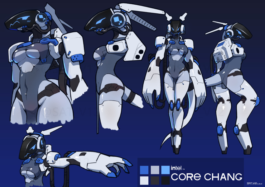 2023 4_fingers annoyed blue_background blush breasts butt female fingers front_view hi_res intel looking_at_viewer machine metallic_body model_sheet navel protogen robot sat_v12 side_view simple_background solo tail
