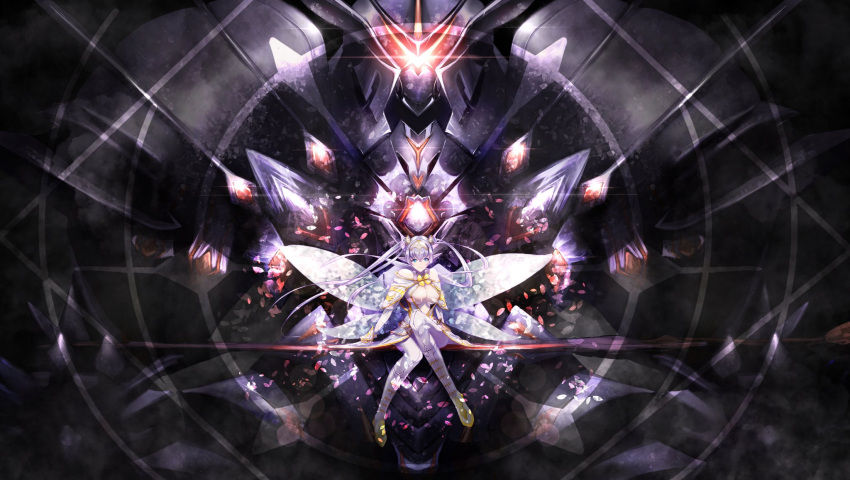 1girl arm_guards armor bare_shoulders black_armor blue_eyes boots breasts britomart_(fate) britomart_(first_ascension)_(fate) britomart_(second_ascension)_(fate) capelet center_opening cleavage double_bun dress elbow_gloves fairy fairy_wings fate/grand_order fate_(series) gloves gold_trim grey_hair hair_bun hairband helmet highres large_breasts long_hair moandji404 pants pauldrons petals pointy_ears shoulder_armor sitting taut_clothes taut_dress twintails very_long_hair weapon white_capelet white_dress white_footwear white_gloves white_pants wings