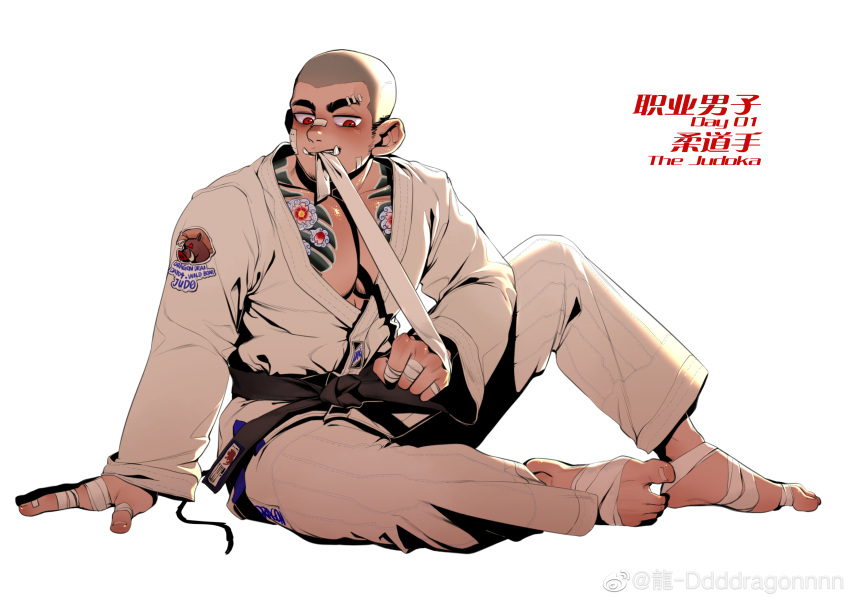 1boy absurdres applying_bandages bara buzz_cut chest_tattoo dougi dragonpie eyebrow_cut full_body highres large_pectorals long_sideburns male_focus muscular muscular_male original pectoral_cleavage pectorals red_eyes short_hair sideburns sitting solo tattoo thick_eyebrows tusks very_short_hair
