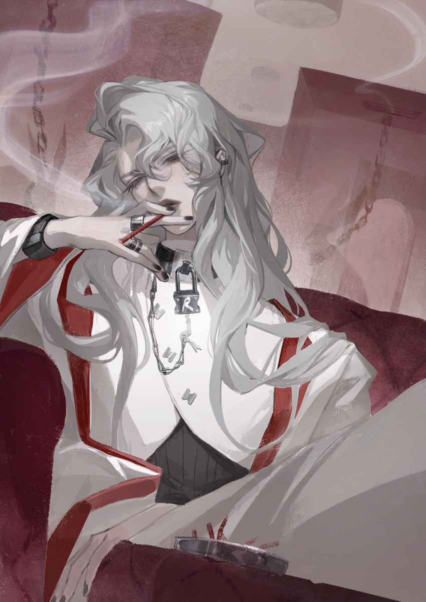 1boy 39mix absurdres bishounen black_choker black_lips black_nails chain choker couch cuffs handcuffs highres holding holding_smoking_pipe jewelry looking_at_viewer male_focus original ring sitting smoke smoking_pipe solo wavy_hair white_hair
