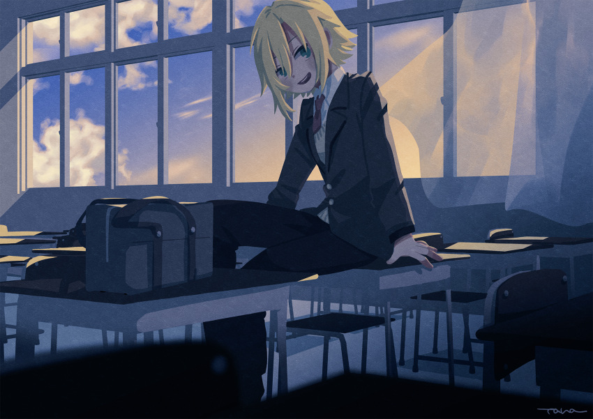 1boy bag blonde_hair blush_stickers buttons chair classroom collared_shirt curtains desk hair_between_eyes highres jacket long_sleeves male_focus necktie nijisanji on_desk open_mouth pants school_bag school_desk shirt short_hair signature sitting sitting_on_desk solo teeth tn_kn1000 upper_teeth_only uzuki_kou virtual_youtuber white_shirt window