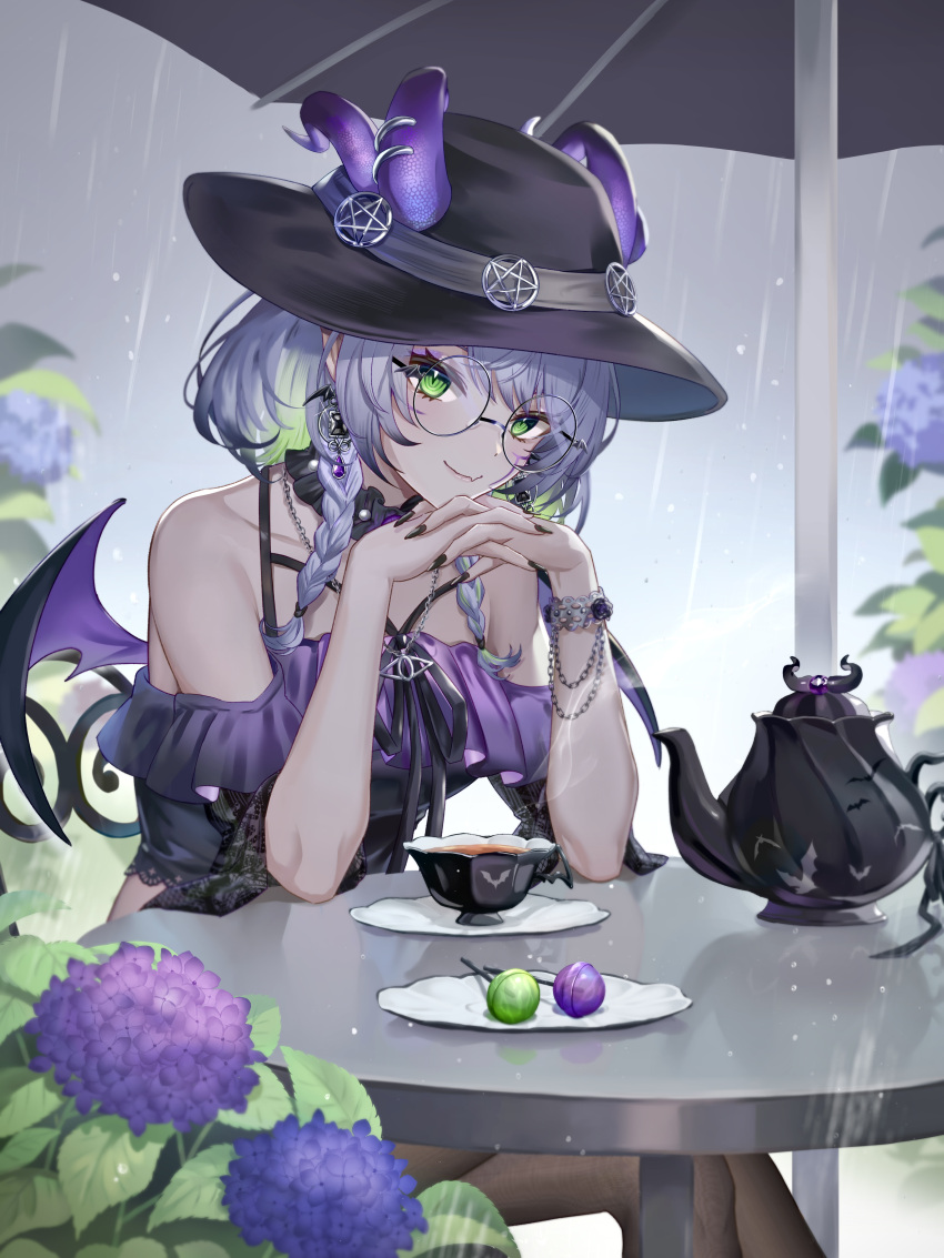 1girl absurdres black_nails braid breasts bsapricot_(vtuber) bsapricot_(vtuber)_(froot_2.0) candy commentary cup demon_girl demon_horns demon_wings earrings english_commentary fang flower food glasses green_eyes green_hair hat highres horns inverted_pentagram jewelry lollipop looking_at_viewer medium_breasts multiple_horns nail_polish necklace pantyhose plant plate rain reflection revision skin_fang slit_pupils smile solo table tea teacup teapot tolo_mag twin_braids virtual_youtuber vshojo wings