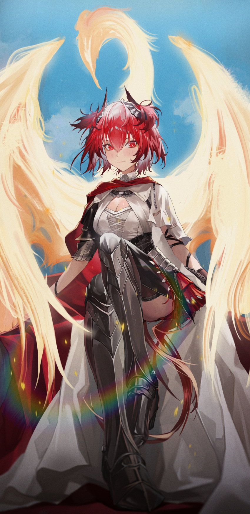 1girl absurdres arknights armored_boots blue_sky boots breasts cape cleavage cleavage_cutout clothing_cutout cloud cloudy_sky commentary_request day feng_zhe_(user_jnxf3524) fiammetta_(arknights) highres medium_breasts outdoors red_cape red_eyes red_hair shirt short_sleeves sky solo tail thigh_boots white_shirt