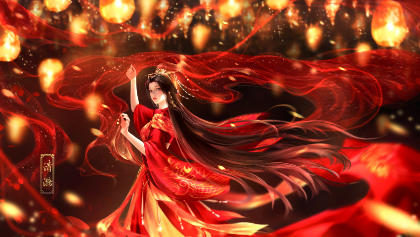 1girl absurdres brown_hair dress earrings facial_mark forehead_mark from_side gleam glitter hair_bun highres jewelry jiu_bai_1212 lantern long_hair long_sleeves night parted_lips red_dress red_nails second-party_source see-through solo teeth tiara wanmei_shijie yue_chan_(wanmei_shijie)