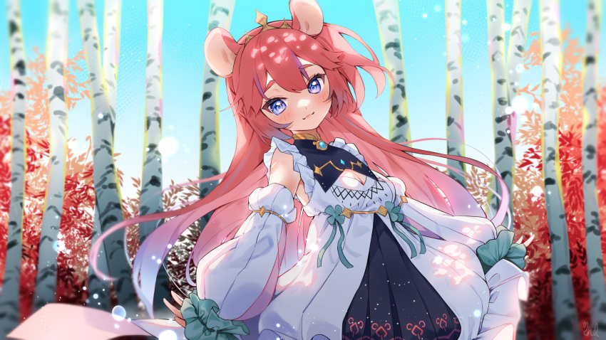 1girl :3 animal_ears birch_tree black_skirt blue_eyes blue_sky blush breasts cheli_(kso1564) cleavage cleavage_cutout closed_mouth clothing_cutout copyright_request day detached_sleeves dress highres leaning_to_the_side long_hair long_sleeves looking_at_viewer medium_breasts mouse_ears outdoors pink_hair pleated_skirt puffy_long_sleeves puffy_sleeves skirt sky sleeves_past_wrists smile solo thick_eyebrows tree very_long_hair virtual_youtuber white_dress white_sleeves