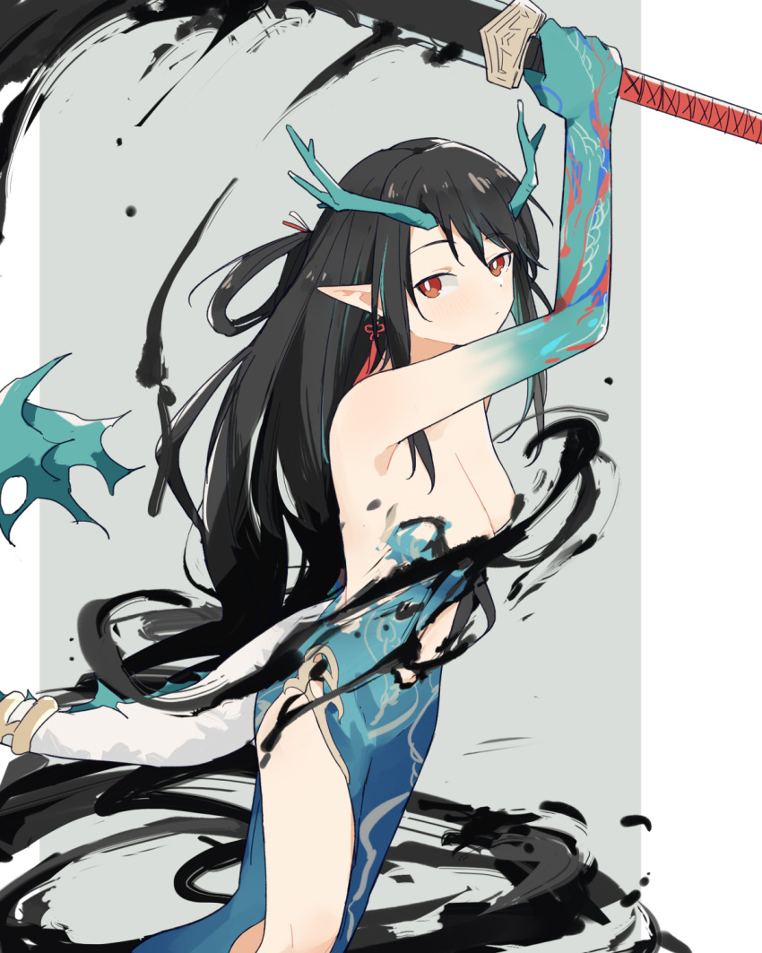 arknights arm_tattoo arm_up black_hair breasts bright_pupils cleavage coldcat. colored_skin cowboy_shot dragon_girl dragon_horns dragon_tail dress dusk_(arknights) earrings flame-tipped_tail green_dress green_skin grey_background highres holding holding_sword holding_weapon horns ink jewelry long_hair looking_at_viewer medium_breasts multicolored_hair pointy_ears red_eyes simple_background single_hair_ring streaked_hair sword tail tassel tassel_earrings tattoo torn_clothes torn_dress very_long_hair weapon white_pupils