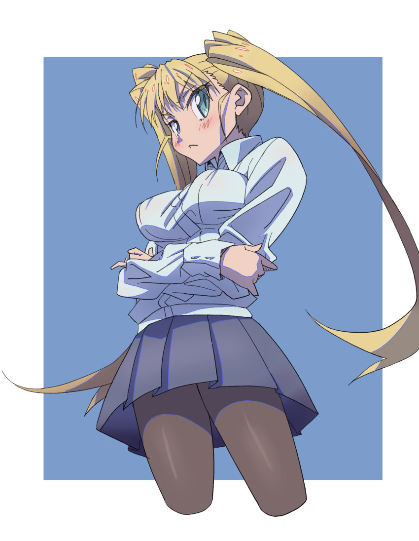 1girl :&lt; absurdres aqua_eyes blonde_hair blue_shirt blush breasts brown_pantyhose closed_mouth collared_shirt cropped_legs crossed_arms highres long_hair medium_breasts miniskirt original pantyhose pleated_skirt powerhamuhamu purple_skirt shirt skirt solo standing tsurime twintails very_long_hair