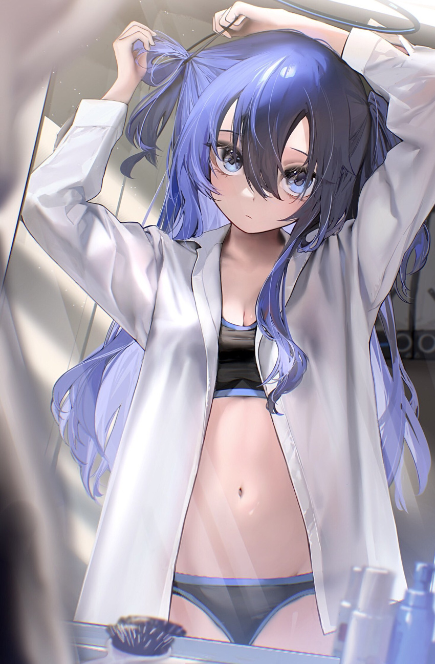 1girl black_bra black_panties blue_archive blue_eyes blue_hair bra breasts cleavage collared_shirt expressionless hair_between_eyes hair_brush hair_tie halo highres long_hair mirror mv_pxn navel no_pants open_clothes open_shirt panties reflection shirt small_breasts solo tying_hair underwear upper_body white_shirt yuuka_(blue_archive)