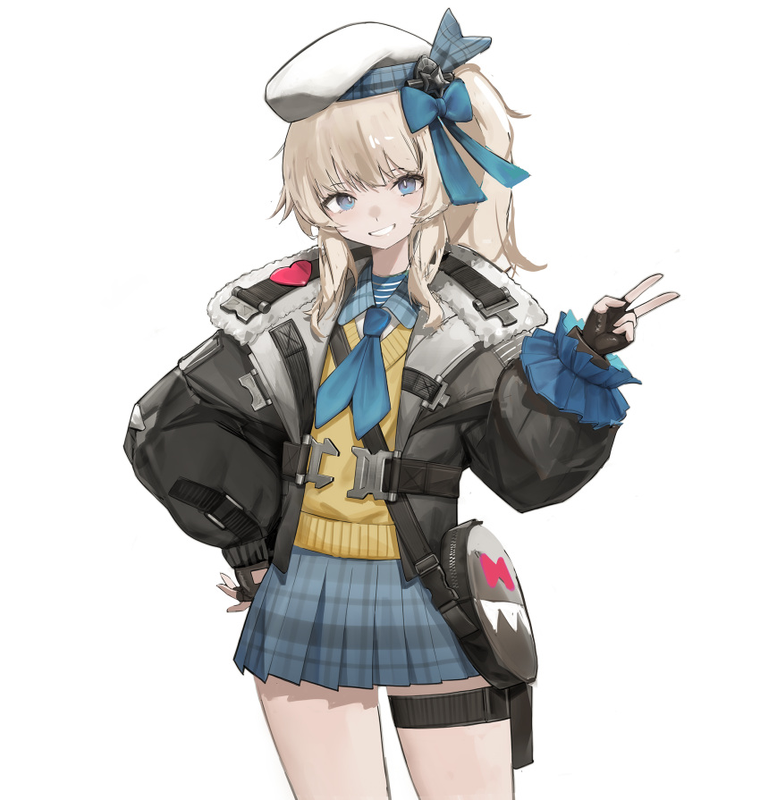 1girl beret black_bag black_gloves black_jacket blonde_hair blue_bow blue_eyes blue_neckerchief blue_skirt bow collared_shirt cowboy_shot fingerless_gloves fur-trimmed_jacket fur_trim girls'_frontline girls'_frontline_2:_exilium gloves grin hair_bow hand_on_own_hip hand_up hat heart highres jacket long_sleeves looking_at_viewer neckerchief open_clothes open_jacket plaid plaid_skirt pleated_skirt roupo99 shirt sidelocks simple_background skirt smile solo sweater_vest thigh_pouch vepley_(girls'_frontline_2) white_background white_hair yellow_sweater_vest