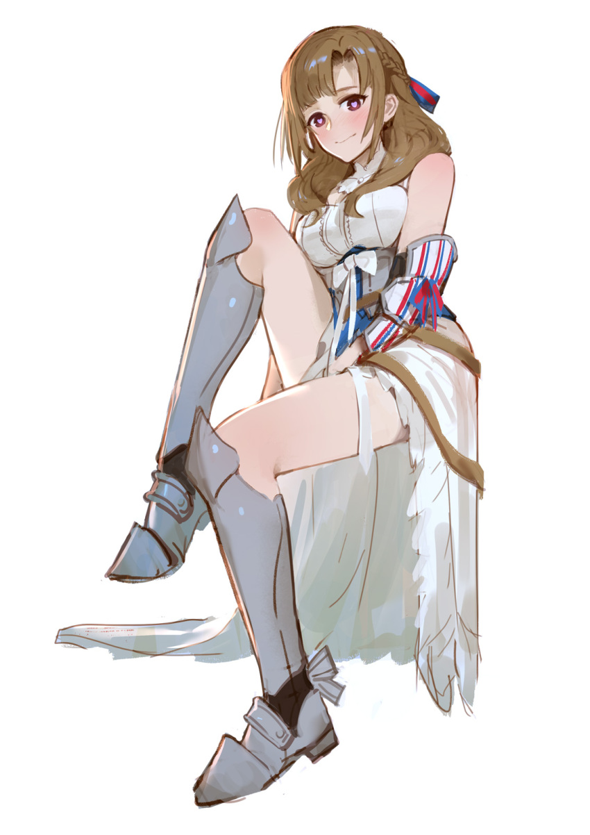 1girl bare_shoulders blue_ribbon blush braid breasts brown_hair closed_mouth commentary_request daible elbow_pads full_body hair_over_shoulder hair_ribbon heart heart-shaped_pupils highres knee_up large_breasts leg_armor long_hair looking_at_viewer mature_female oosuki_mamako purple_eyes ribbon simple_background sitting skirt solo striped striped_ribbon symbol-shaped_pupils tsuujou_kougeki_ga_zentai_kougeki_de_ni-kai_kougeki_no_okaasan_wa_suki_desu_ka? white_background white_skirt