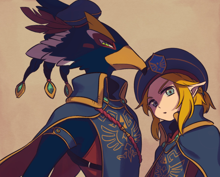 2boys alternate_costume aqua_eyes beak beret bird_boy blonde_hair blue_cape blue_fur blue_hair blue_headwear blue_shirt blush_stickers body_fur braid brown_background cape closed_mouth collared_cape commentary_request feathers furry furry_male gem green_eyes green_gemstone hair_tie half-closed_eyes hat hat_feather high_collar link looking_at_viewer male_focus mini_hat multiple_boys open_mouth pointy_ears ponytail profile quad_tails red_feathers revali rito royal_guard_set_(zelda) shirt short_hair sidelocks simple_background standing the_legend_of_zelda the_legend_of_zelda:_breath_of_the_wild tilted_headwear triforce two-tone_fur ukata upper_body v-shaped_eyebrows white_fur