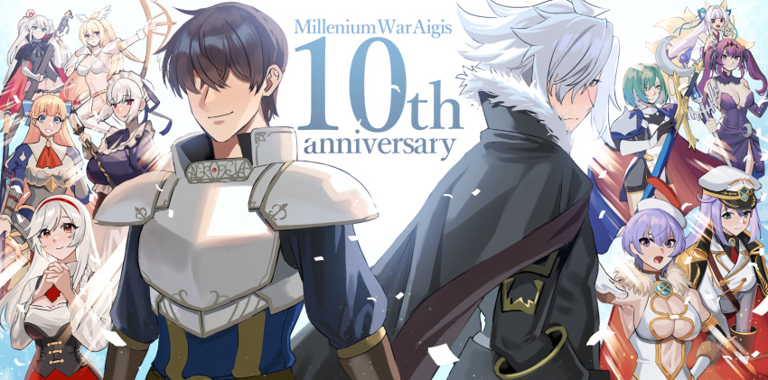 2boys 6+girls :d akagi_kurage animal_ears anna_(sennen_sensou_aigis) anniversary armor armpits ascot back-to-back backlighting black_cape black_ribbon black_shirt blonde_hair blue_eyes blue_ribbon blue_shirt bow bow_(weapon) bra breastplate breasts brown_hair cape cleavage cleavage_cutout clothing_cutout commentary crescent crescent_wand crown diana_(sennen_sensou_aigis) double_fox_shadow_puppet emperor_(sennen_sensou_aigis) fox_ears fox_shadow_puppet frilled_shirt frills fur-trimmed_cape fur_trim green_hair hair_bow hair_bun hair_intakes hairband hat hecatie_(sennen_sensou_aigis) highres holding holding_bow_(weapon) holding_polearm holding_sword holding_wand holding_weapon jacket kitsune kyuubi_(sennen_sensou_aigis) large_breasts leona_(sennen_sensou_aigis) leora_(sennen_sensou_aigis) long_hair long_sleeves looking_at_viewer maid maid_headdress military_hat mini_crown mireille_(sennen_sensou_aigis) multiple_boys multiple_girls nanaly_(sennen_sensou_aigis) navel neck_ribbon own_hands_clasped own_hands_together pauldrons polearm ponytail prince_(sennen_sensou_aigis) purple_hair red_ascot red_cape red_eyes red_hairband ribbon sennen_sensou_aigis serra_(sennen_sensou_aigis) sheath sheathed shirt shoulder_armor siblings single_hair_bun sisters smile spiked_hair standing sword sybilla twintails two_side_up underboob_cutout underwear very_long_hair wand weapon white_bra white_hair white_headwear white_jacket white_shirt