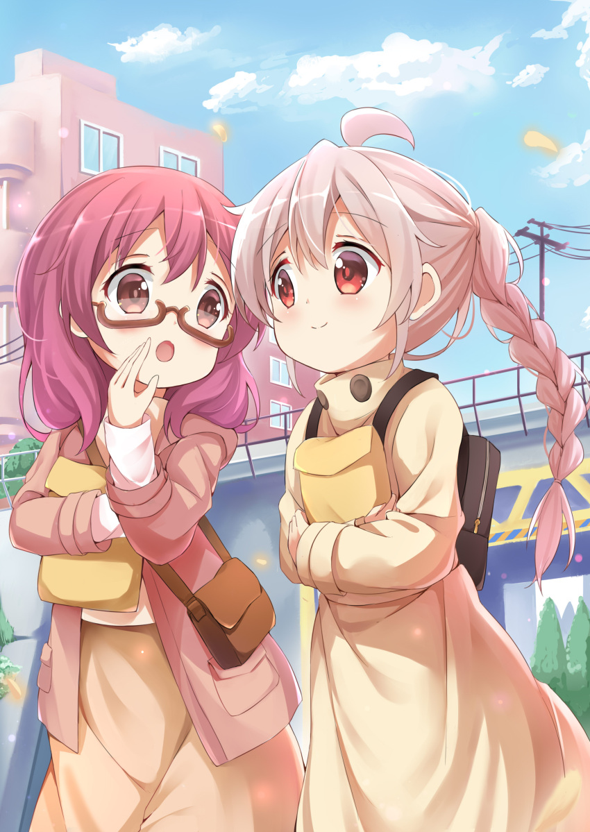 2girls absurdres backpack bag blue_sky blush braid brown-framed_eyewear brown_eyes brown_shirt brown_skirt building closed_mouth cloud commentary_request day genderswap genderswap_(mtf) glasses hair_between_eyes handbag highres hood hood_down hooded_jacket jacket long_hair multiple_girls murosaki_miyo object_hug onii-chan_wa_oshimai! open_clothes open_jacket open_mouth outdoors oyama_mahiro paper_bag pink_hair pink_jacket power_lines railing red_eyes semi-rimless_eyewear shirt shoulder_bag skirt sky smile stick_jitb under-rim_eyewear utility_pole very_long_hair white_shirt window