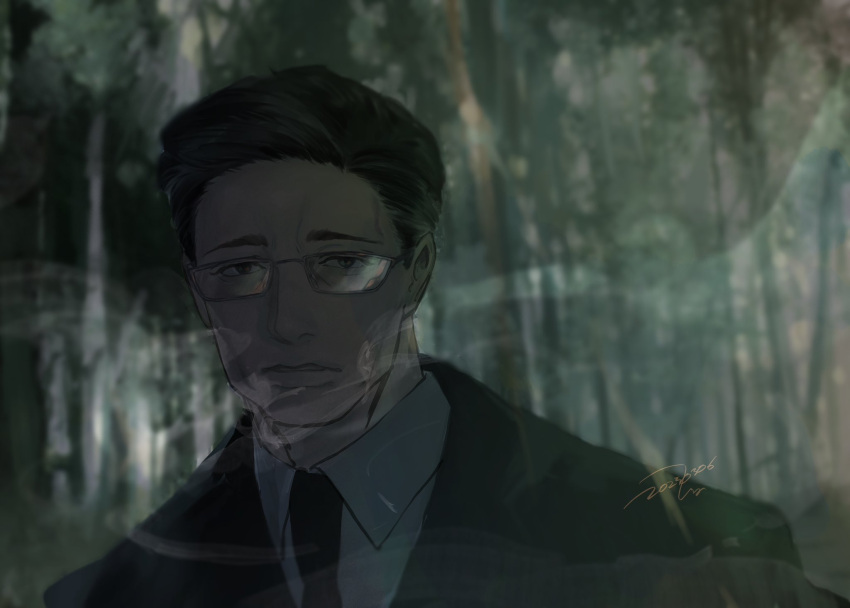 1boy almostghost black_hair black_suit blurry blurry_background forest formal glasses hair_slicked_back highres ken'i_wang looking_at_viewer mafia male_focus nature necktie shirt short_hair signature smoke solo suit white_shirt