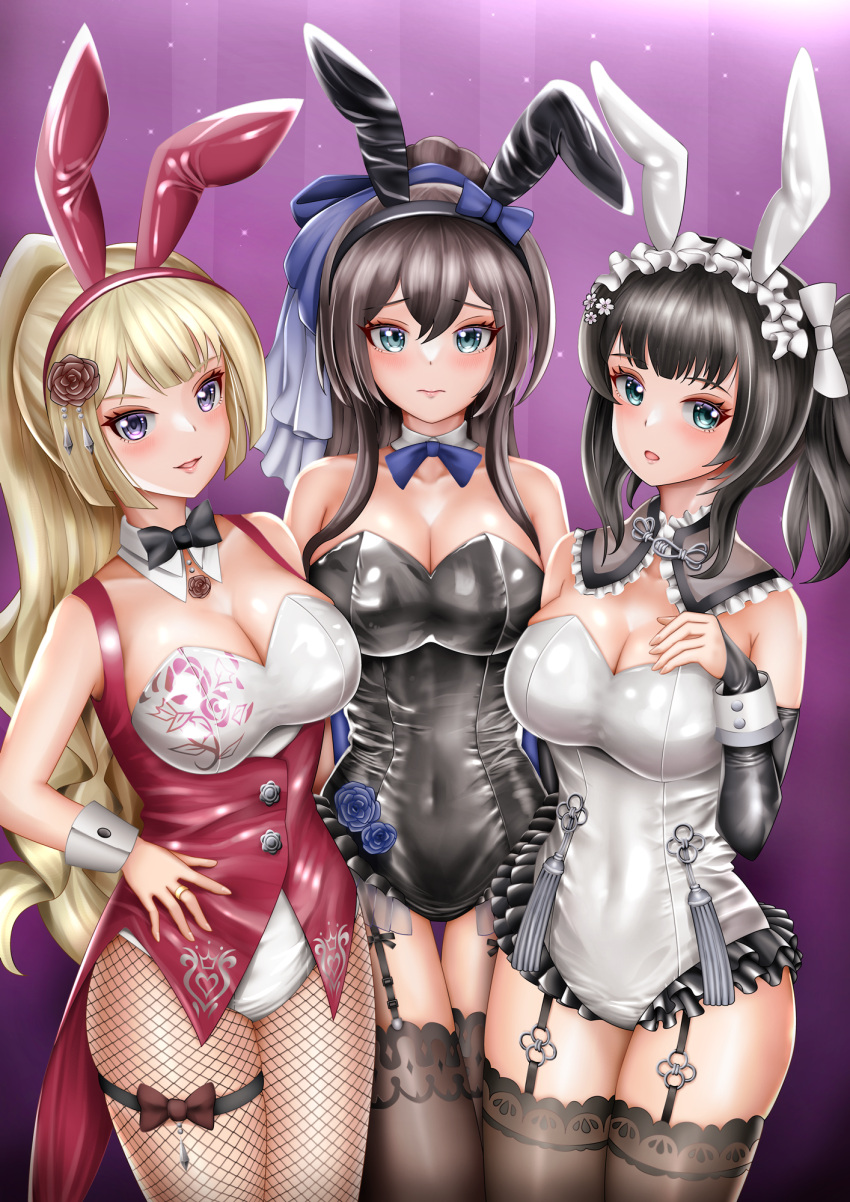 3girls animal_ears aqua_eyes arm_at_side assault_lily bare_shoulders black_bow black_bowtie black_hair black_hairband black_leotard black_pantyhose black_thighhighs blonde_hair blue_bow blue_bowtie blue_flower blue_rose blunt_bangs blush bow bow_hairband bowtie breasts brown_bow brown_hair brown_rose buttons cleavage closed_mouth coattails collar collarbone commentary_request covered_navel cowboy_shot detached_collar detached_sleeves fake_animal_ears fingernails fishnet_pantyhose fishnets floral_print flower frilled_collar frilled_hairband frilled_leotard frills garter_straps gradient_background hair_between_eyes hair_bow hair_flower hair_ornament hairband hand_on_own_chest hand_on_own_hip hand_up high_ponytail highres imai_tomohiro jewelry large_breasts leotard long_hair long_sleeves looking_at_viewer miyagawa_takane multiple_girls official_alternate_costume official_alternate_hairstyle pantyhose parted_lips pendant playboy_bunny ponytail print_leotard purple_background purple_eyes rabbit_ears raised_eyebrows red_eyes red_hairband red_vest revision ring rose rose_print serizawa_chikaru side-by-side side_ponytail sidelocks sleeves_past_wrists smile standing strapless strapless_leotard striped striped_background tassel thigh_bow thigh_gap thigh_strap thighhighs very_long_hair vest wang_yujia white_bow white_flower white_hairband white_leotard wrist_cuffs