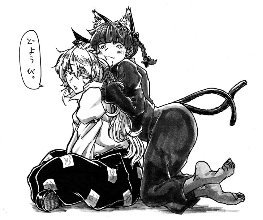 2girls animal_ear_fluff animal_ears barefoot behind_another blunt_bangs bow braid cat_ears cat_tail commentary_request dress extra_ears from_side fujiwara_no_mokou full_body greyscale hair_bow hair_ribbon kaenbyou_rin koyubi_(littlefinger1988) long_hair looking_at_viewer monochrome multiple_girls multiple_tails nekomata ribbon simple_background speech_bubble tail touhou translation_request tress_ribbon twin_braids two_tails very_long_hair white_background yuri