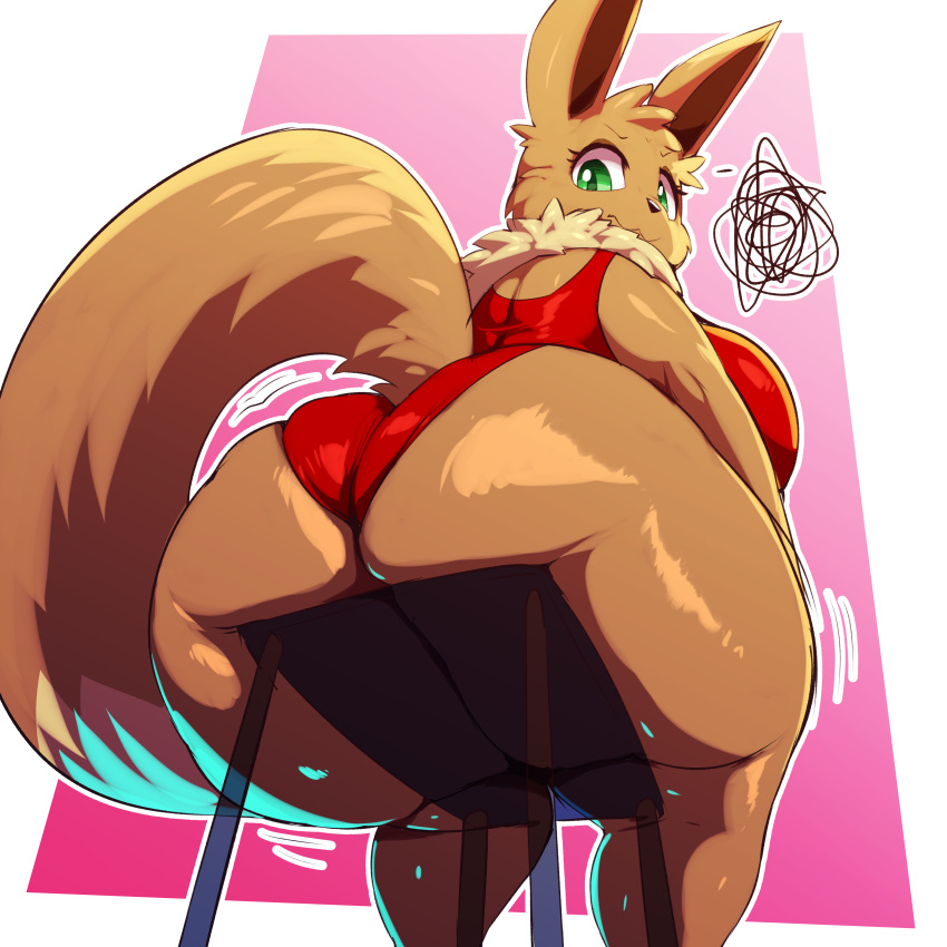 absurd_res annoyed anthro big_butt brown_body brown_fur butt canid canine chair clothed clothing eevee female fur furniture generation_1_pokemon hi_res jezebel_(crane) looking_back mammal nintendo pokemon pokemon_(species) simple_background solo solo_focus swimwear thick_thighs trinity-fate62 video_games