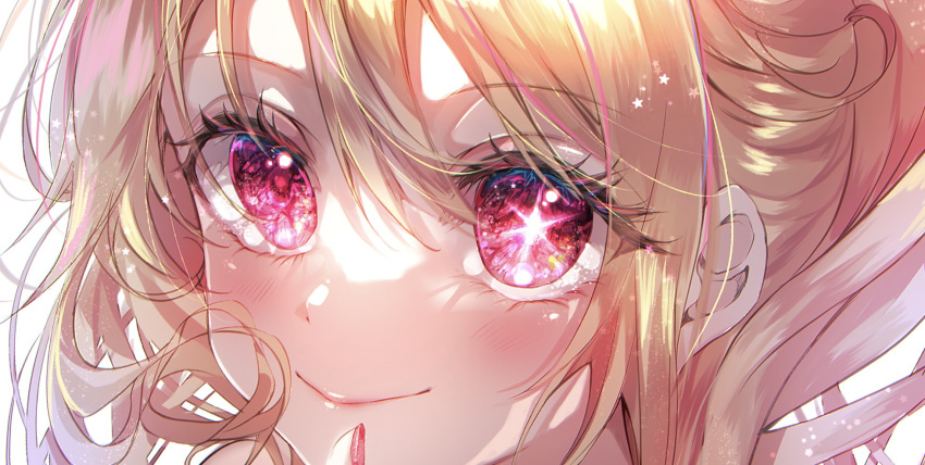 1girl blonde_hair blush commentary_request cropped head_only highres hoshino_ruby long_hair looking_to_the_side oshi_no_ko parted_lips pinapo_25 pink_eyes red_nails simple_background smile solo star-shaped_pupils star_(symbol) sunlight symbol-shaped_pupils