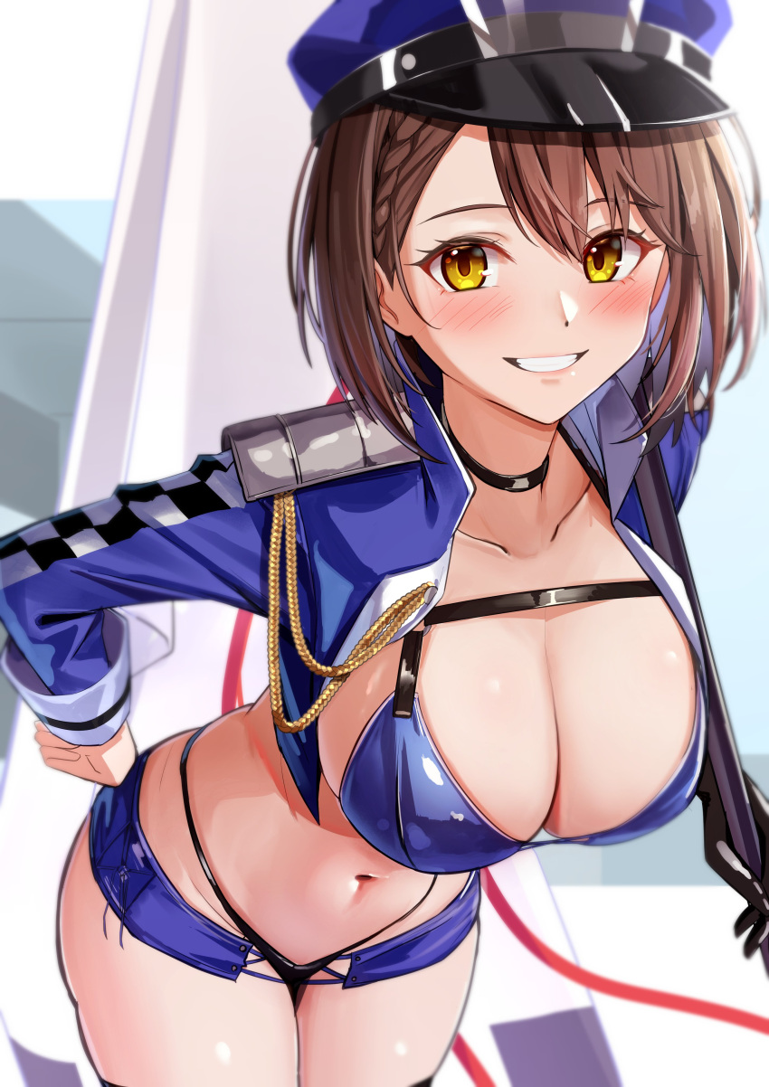 1girl absurdres azur_lane baltimore_(azur_lane) baltimore_(finish_line_flagbearer)_(azur_lane) bent_over bikini black_choker blue_bikini blue_jacket blue_shorts blush braid breasts brown_hair choker cleavage collarbone cropped_jacket flag hand_on_own_hip hat highres jacket large_breasts looking_at_viewer micro_shorts navel official_alternate_costume peaked_cap race_queen short_hair shorts smile solo standing stomach swimsuit teeth yellow_eyes yoshimoto_(carpsukidayo)