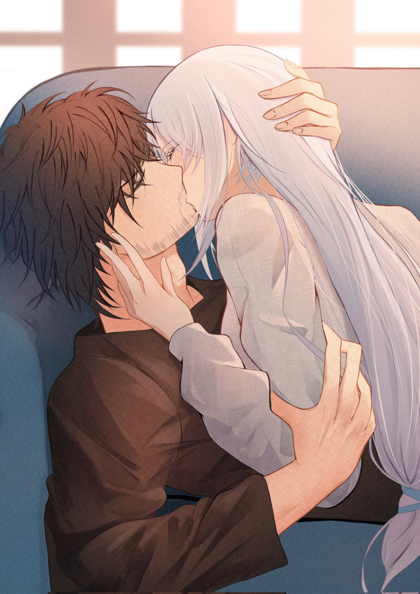 1boy 1girl alternate_costume black_hair clive_rosfield closed_eyes couch couple cuddling facial_hair final_fantasy final_fantasy_xvi french_kiss grey_hair hand_on_another's_face hand_on_another's_head hetero highres indoors jill_warrick kiss long_hair lying lying_on_person messy_hair natu3033 on_back short_hair upper_body