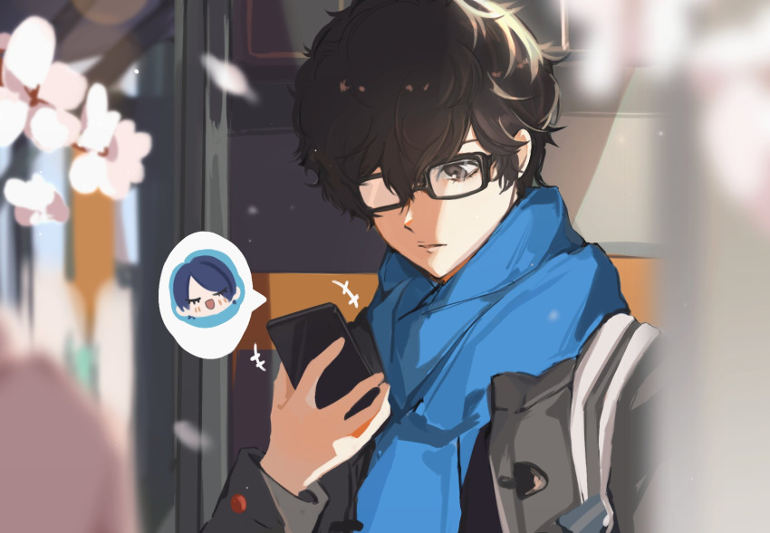 1boy amamiya_ren black-framed_eyewear black_coat black_eyes black_hair blue_hair blue_scarf cellphone cherry_blossoms closed_eyes coat glasses hair_between_eyes highres holding holding_phone kitagawa_yuusuke male_focus nagisa99 opaque_glasses open_mouth parted_lips partially_opaque_glasses persona persona_5 petals phone scarf smartphone solo upper_body