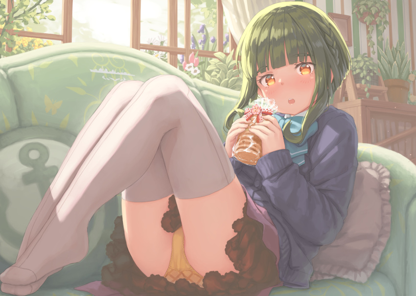 1girl aqua_bow aqua_bowtie black_cardigan blush bow bowtie buttons cardigan flower food green_hair grey_thighhighs hayashi_naoharu holding holding_food indoors kantai_collection long_sleeves open_mouth orange_eyes orange_pantyhose pantyhose pink_flower plant potted_plant purple_flower short_hair solo takanami_(kancolle) thighhighs white_flower window