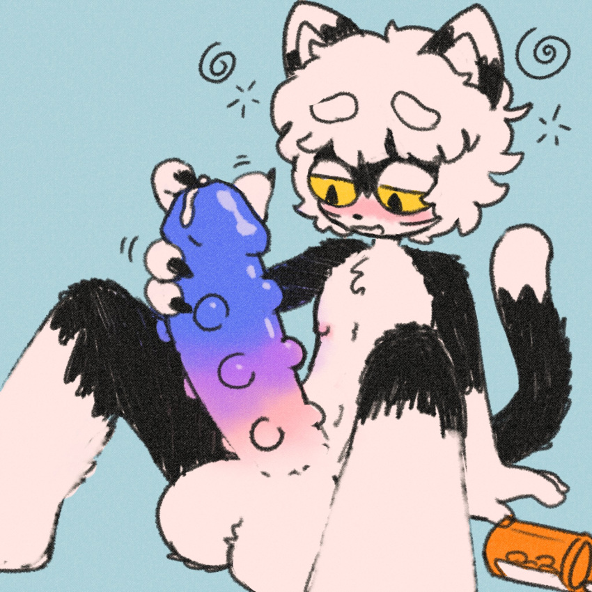 1:1 2023 balls big_balls big_penis black_body black_fur blue_background blush colored cum_from_penis erection felid feline fur genitals gradient_penis hair hi_res holding_penis huge_penis male mammal nipples penis pill_bottle pop_(popstick) popstick simple_background solo white_body white_fur white_hair yellow_eyes