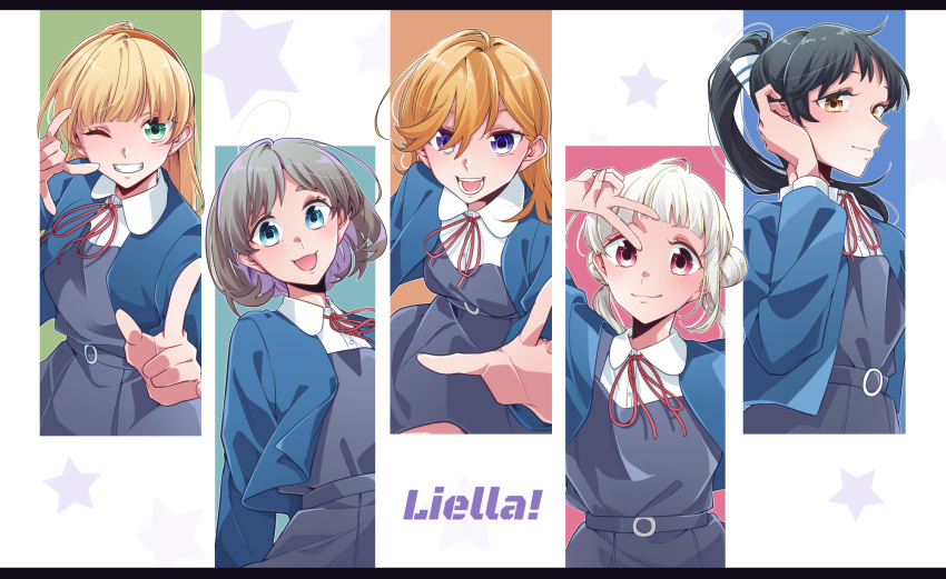 5girls :3 arashi_chisato black_dress black_hair blonde_hair blue_eyes blue_jacket blush bow breasts clenched_teeth closed_mouth collared_shirt colored_inner_hair column_lineup commentary_request cowboy_shot cropped_jacket double_bun dress dress_shirt floating_hair fox_shadow_puppet green_eyes grey_hair hair_between_eyes hair_bow hair_bun hair_tucking hairband hazuki_ren heanna_sumire highres jacket kashikaze long_hair long_sleeves looking_at_viewer love_live! love_live!_superstar!! medium_breasts medium_hair multicolored_hair multiple_girls neck_ribbon one_eye_closed open_clothes open_jacket open_mouth orange_eyes orange_hair orange_hairband outline pinafore_dress pointing pointing_at_viewer ponytail purple_hair red_eyes red_ribbon ribbon school_uniform shibuya_kanon shirt short_hair sleeveless sleeveless_dress tang_keke teeth two-tone_hair white_bow white_hair white_outline white_shirt yuigaoka_school_uniform