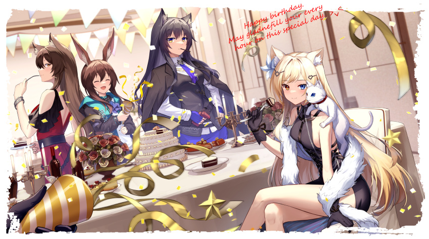 1other 4girls alternate_costume amiya_(arknights) animal_ear_fluff animal_ears animal_on_shoulder arknights ascot bare_legs bare_shoulders black_coat black_dress black_gloves black_hair black_jacket blonde_hair blue_eyes blue_gloves blue_necktie blue_shorts blush bracelet breasts cake cake_slice candle cat cat_ears cat_on_shoulder closed_eyes closed_mouth coat crossed_legs doctor_(arknights) dress english_text flower food food_in_mouth fork gloves hand_on_own_hip happy_birthday heterochromia highres holding holding_fork indoors jacket jacket_on_shoulders jewelry long_hair long_sleeves looking_at_viewer medium_breasts mouth_hold multiple_girls necktie nightmare_(arknights) orange_eyes party_popper pennant plate pocky_in_mouth purple_ascot rabbit_ears red_dress red_flower red_rose rose shawl shirt shorts sideboob skyfire_(arknights) smile table texas_(arknights) unmei_no_watashijin vase very_long_hair white_cat white_flower white_rose white_shirt wolf_ears yellow_eyes