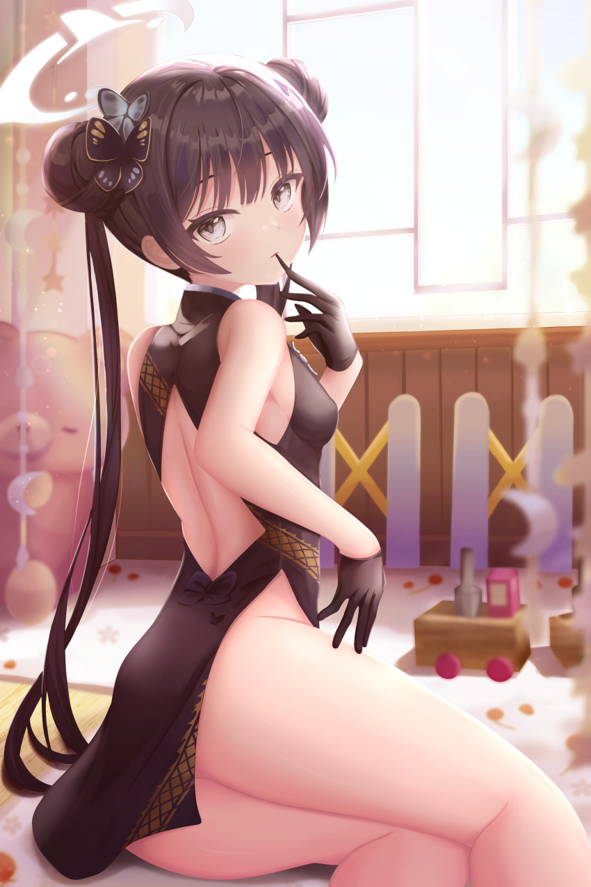 1girl absurdres arashiomoto ass bare_back black_dress black_gloves black_hair blue_archive blunt_bangs blurry butterfly_hair_ornament china_dress chinese_clothes commentary_request depth_of_field double_bun dress eyes_visible_through_hair from_behind gloves grey_eyes hair_bun hair_ornament halo head_tilt highres indoors kindergarten kisaki_(blue_archive) long_hair looking_at_viewer looking_back mouth_hold no_panties parted_lips pelvic_curtain removing_glove side_slit sidelocks sitting sleeveless sleeveless_turtleneck_dress solo twintails window