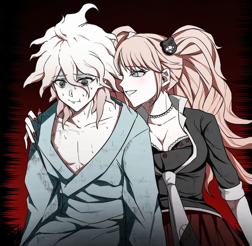 1boy 1girl alternate_costume bear_hair_ornament black_bra black_choker black_necktie black_shirt blonde_hair bra breasts choker cleavage closed_mouth collarbone danganronpa:_trigger_happy_havoc danganronpa_(series) danganronpa_2:_goodbye_despair enoshima_junko gradient_background grey_hair grin hair_between_eyes hair_ornament hand_on_another's_shoulder highres hospital_gown komaeda_nagito large_breasts long_hair long_sleeves messy_hair miniskirt nail_polish natsu_(apfhd_77) necktie pleated_skirt red_background red_nails shirt sitting skirt smile sweat teeth underwear white_necktie