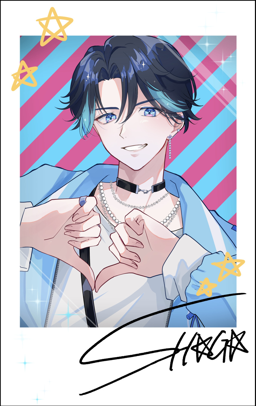 1boy absurdres black_choker black_hair blue_background blue_eyes blue_hair blue_jacket border character_name choker double_thumbs_down earrings highres jacket jewelry looking_at_viewer male_focus miya_(38magical) multicolored_background multicolored_hair necklace paradox_live pink_background shirt solo star_(symbol) striped striped_background white_border white_shirt yamato_shogo