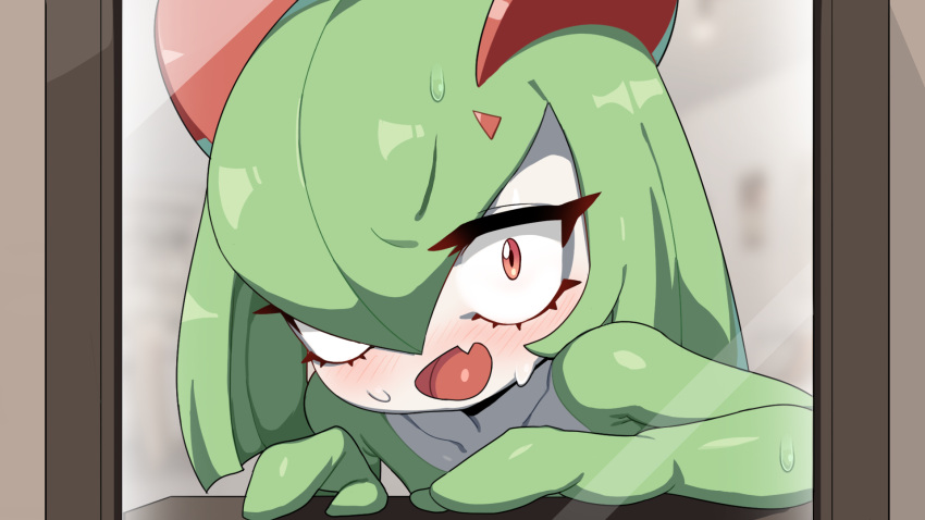 2023 bodily_fluids cute_fangs drunk_oak generation_3_pokemon green_arms green_hair green_hands hair hi_res humanoid kirlia mirror mirror_reflection nintendo open_mouth pokemon pokemon_(species) reflection sweat teeth tongue white_body white_skin