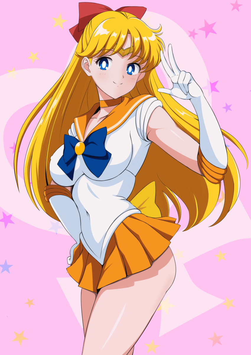 1girl aino_minako back_bow baji_toufuu_(bajitohfu) bishoujo_senshi_sailor_moon blonde_hair blue_bow blue_eyes bow brooch choker circlet commentary_request covered_navel cowboy_shot elbow_gloves gloves hair_bow half_updo highres jewelry leotard long_hair miniskirt orange_choker orange_gemstone orange_sailor_collar orange_skirt pink_background pleated_skirt red_bow sailor_collar sailor_senshi_uniform sailor_venus skirt smile solo tiara v venus_symbol white_gloves white_leotard yellow_bow