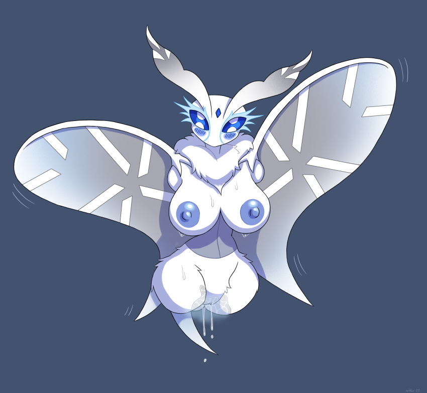 absurd_res antenna_hair antennae_(anatomy) anthro arthropod big_breasts blue_blush blue_eyes blue_nipples blue_pussy blush bodily_fluids breasts clothing corset curvy_figure female fluffy forehead_gem frosmoth fur generation_8_pokemon genital_fluids genitals grey_background hair hi_res hourglass_figure in_heat insect lepidopteran lingerie looking_at_viewer moth musk_clouds neck_tuft nikkosha nintendo nipples pokemon pokemon_(species) pussy pussy_juice simple_background small_waist solo sweat topwear tuft white_body white_fur wings