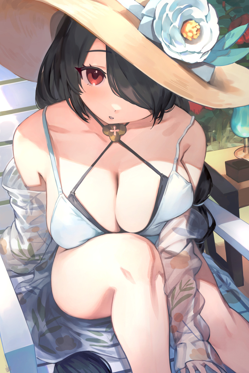 1girl absurdres black_hair blue_archive breasts cleavage flower hair_over_one_eye hat hat_flower highres hinata_(blue_archive) hinata_(swimsuit)_(blue_archive) large_breasts long_hair looking_at_viewer one-piece_swimsuit red_eyes see-through see-through_shirt shirt sitting solo swimsuit ubo_(ubo_tales) white_flower white_one-piece_swimsuit white_shirt yellow_headwear