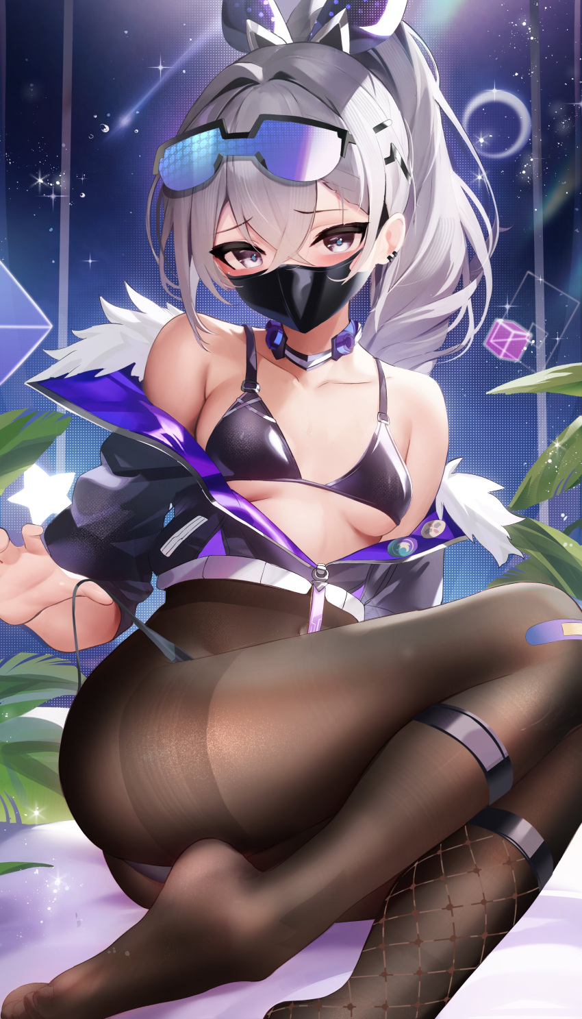 1girl absurdres bare_shoulders black_bra black_jacket black_pantyhose blush bra breasts choker collarbone covered_mouth covered_navel crossed_bangs earrings eyewear_on_head fantongjun feet fur-trimmed_jacket fur_trim grey_eyes grey_hair hair_between_eyes hair_ornament highres honkai:_star_rail honkai_(series) jacket jewelry kneehighs legs long_hair long_sleeves looking_at_viewer mask mouth_mask no_shoes off_shoulder pantyhose ponytail purple_eyes sidelocks silver_wolf_(honkai:_star_rail) single_kneehigh single_sock sitting small_breasts socks solo sunglasses swimsuit thighband_pantyhose thighs toes underboob underwear