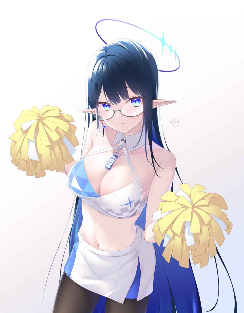 1girl 3: absurdly_long_hair absurdres alternate_costume bangs black_hair black_pantyhose blue_archive blue_eyes blunt_bangs breasts character_name cheerleader cleavage collarbone colored_inner_hair commentary_request cosplay detached_collar earrings from_above glasses hair_between_eyes halo head_tilt hibiki_(blue_archive) hibiki_(blue_archive)_(cosplay) hibiki_(cheerleader)_(blue_archive) highres holding holding_pom_poms jewelry long_hair looking_at_viewer looking_up midorino_eni multicolored_hair navel pantyhose pleated_skirt pointy_ears pom_pom_(cheerleading) rin_(blue_archive) semi-rimless_eyewear sidelocks skirt sleeveless solo spoken_blush stomach sweatdrop two-tone_hair very_long_hair white_background