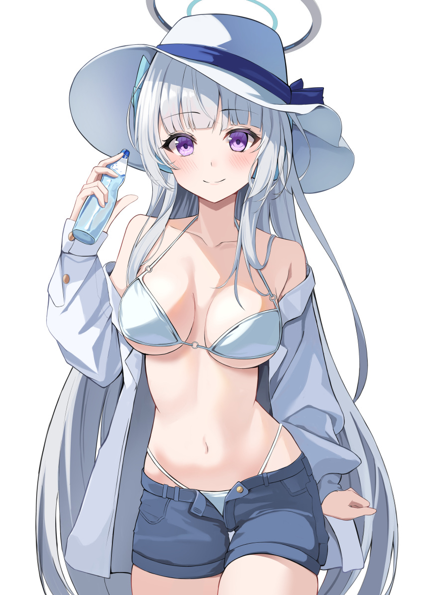 1girl absurdres alternate_costume bikini blue_archive blue_shorts blush bottle breasts closed_mouth commentary grey_halo halo highres holding holding_bottle leepy long_hair looking_at_viewer medium_breasts navel noa_(blue_archive) open_fly plastic_bottle purple_eyes shorts simple_background smile solo swimsuit thighs very_long_hair water_bottle white_background white_bikini white_headwear