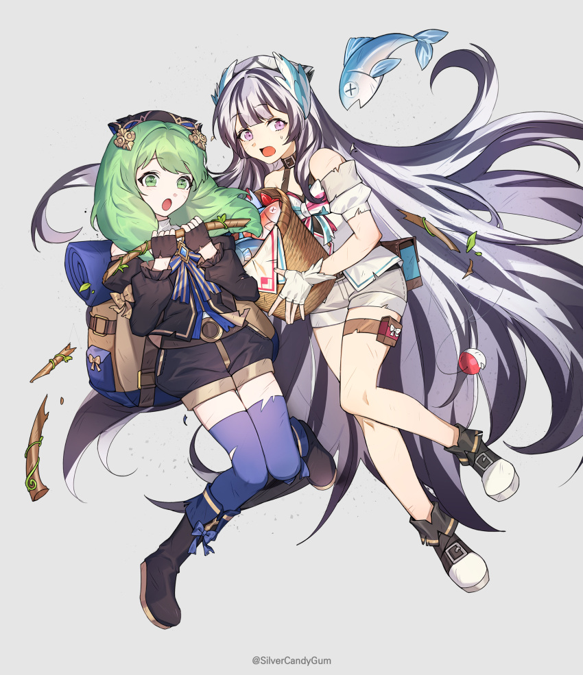 2girls absurdres artist_name bare_shoulders basket black_hair boots commission drill_hair feather_hair_ornament feathers fire_emblem fire_emblem:_three_houses fire_emblem_engage fire_emblem_heroes fish fishing_rod flayn_(fire_emblem) full_body green_eyes green_hair grey_hair hair_ornament highres holding holding_basket long_hair long_sleeves looking_at_viewer multicolored_hair multiple_girls open_mouth petite pixiv_commission purple_eyes scratches shorts silvercandy_gum simple_background smile thigh_strap thighhighs torn_clothes two-tone_hair very_long_hair veyle_(fire_emblem)