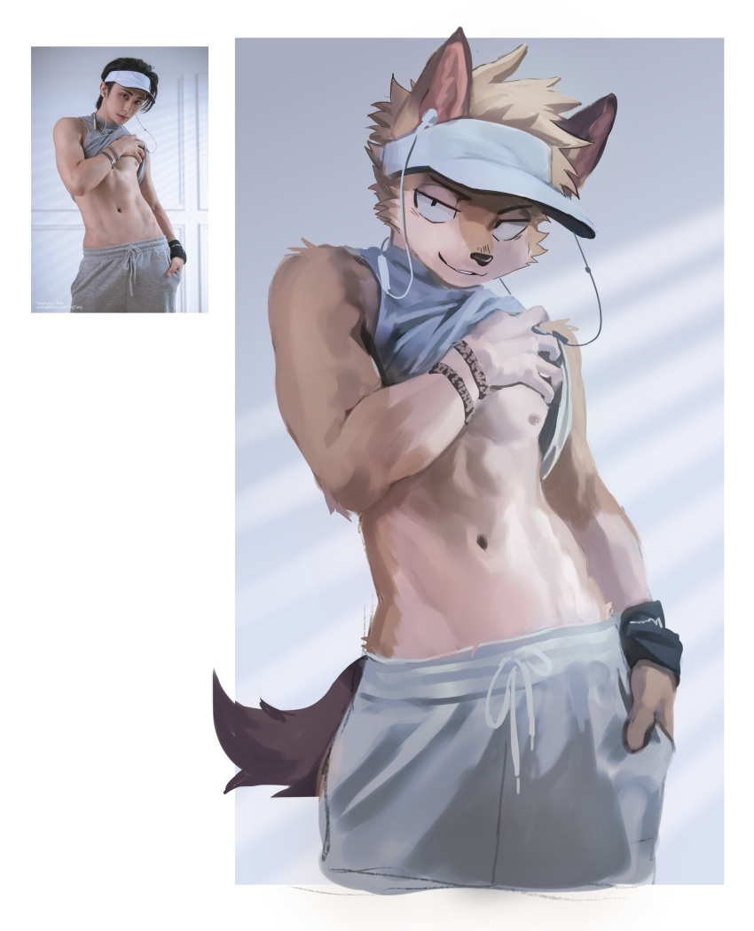 absurd_res anthro athletic athletic_male canid canine clothed clothing clothing_lift earbuds fox headphones hi_res male mammal manadezimon real shirt shirt_lift solo sweatpants tank_top topwear